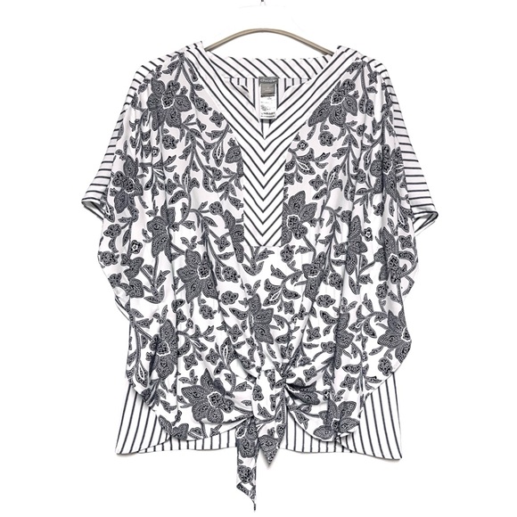 Chicos Top Size Large Floral Striped Mix Print Tie Front Flutter Sleeve 2 12/14 - Picture 2 of 12